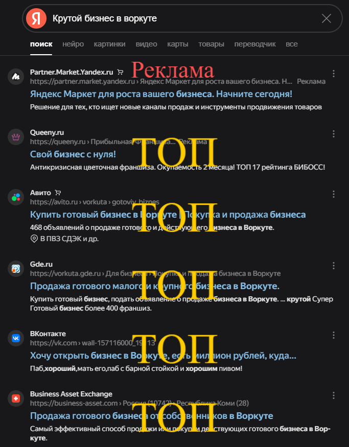 Поисковая выдача — пример